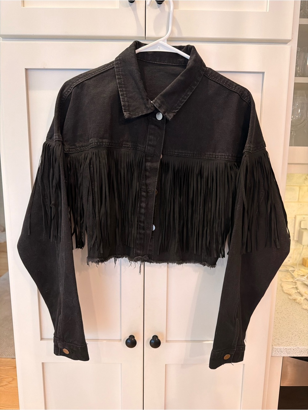 Fringed Cropped Denim Jacket - Black